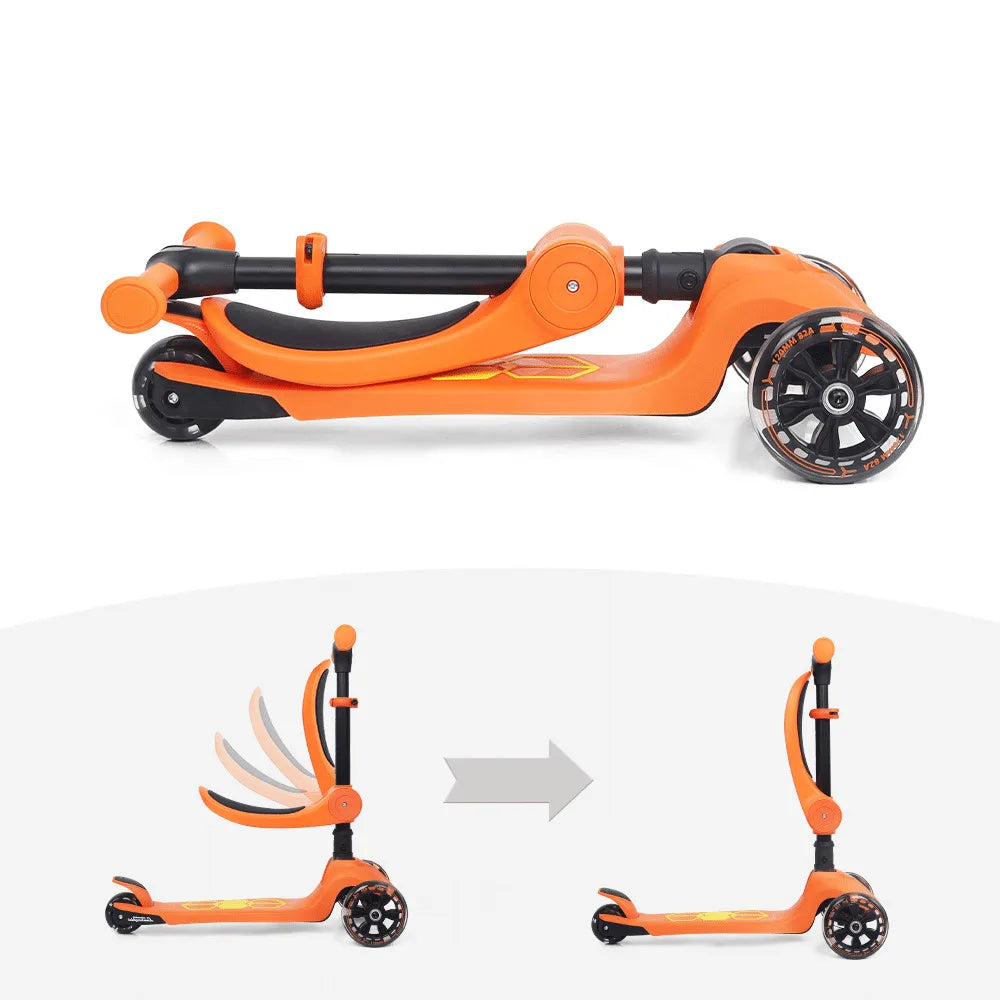 Foldable kick scooter with orange frame, black handlebar, and small front wheel