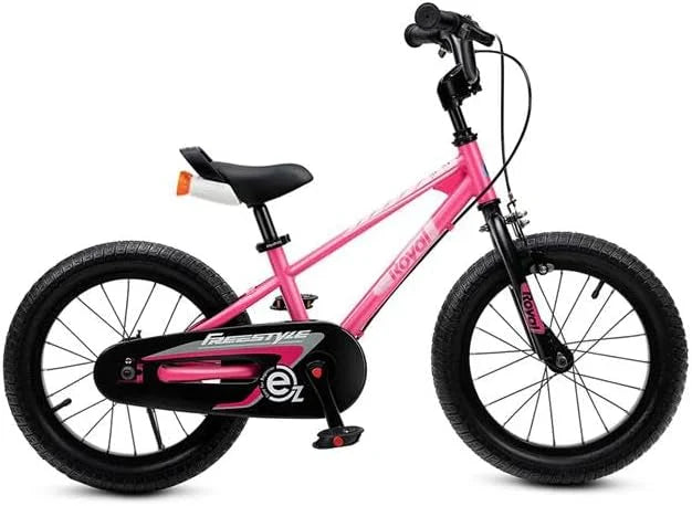 Easy Freestyle 12" bicycle side view: pink frame, black front fork and wheels