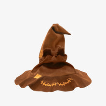 Brown plush Sorting Hat with curled brim and stitched zigzag hem