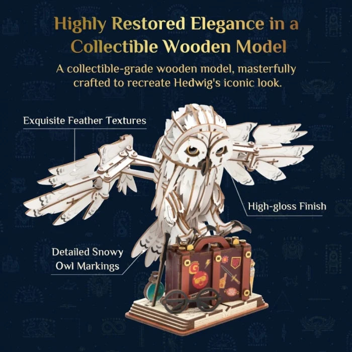 Wooden owl diorama model with detailed feather textures and glossy finish, on base