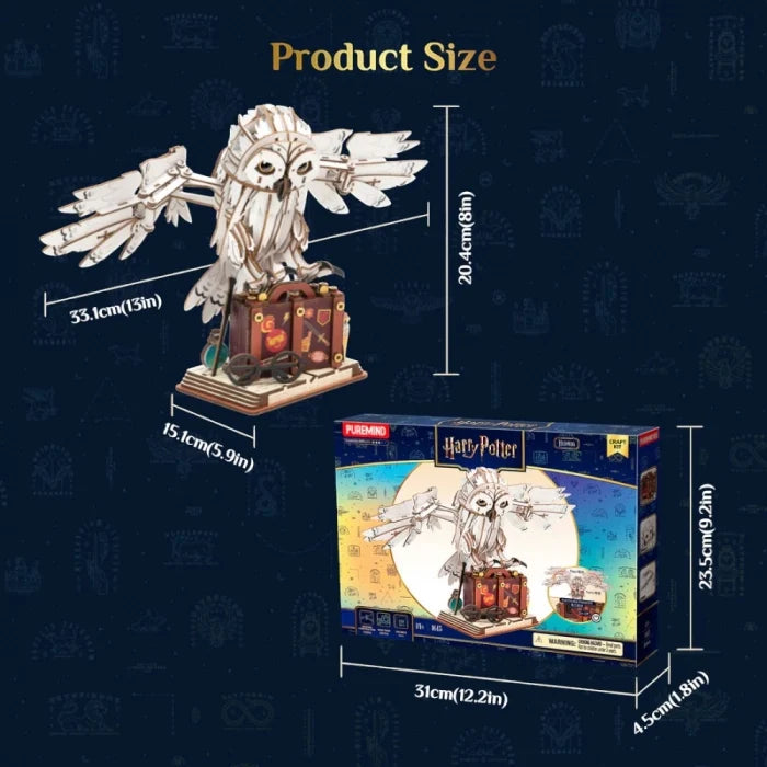 Wooden moving owl diorama with feather details on a small display base, with size diagram