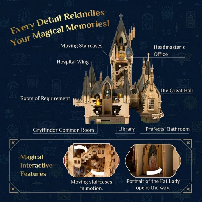 3D diorama castle model illustration with glowing interior and moving staircase features