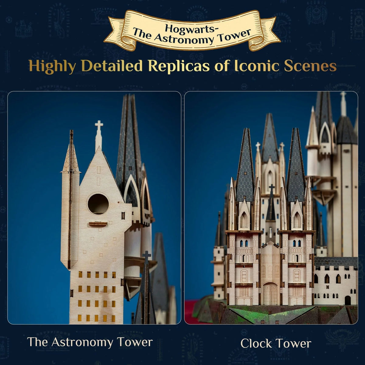 Wooden construction craft set showing Astronomy Tower and Clock Tower model replicas