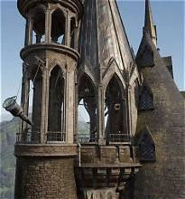 Wooden craft model of Astronomy Tower with arched openings and stone-like tower detail