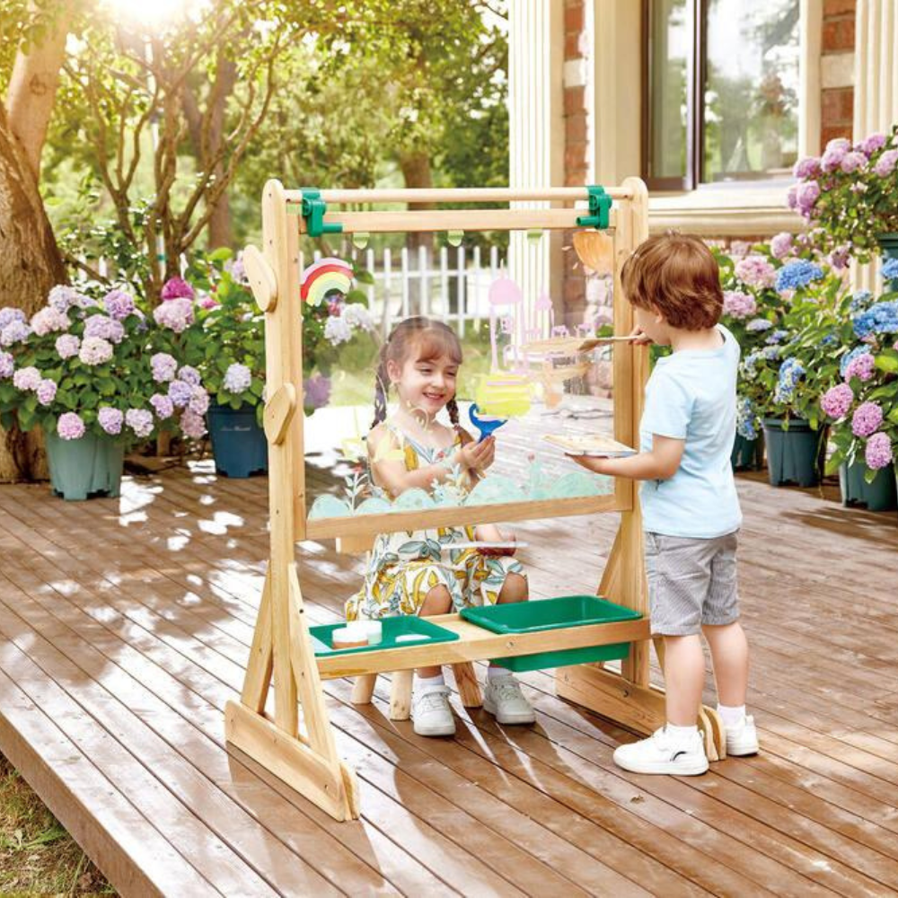 OUTDOOR ART EASEL Holzstaffelei mit grüner Ablage, Zeichenfläche und Rollmechanik