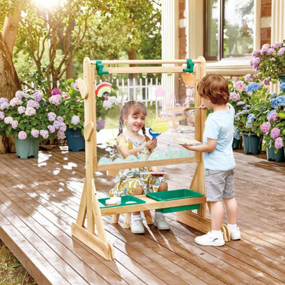 OUTDOOR ART EASEL Holzstaffelei mit grüner Ablage, Zeichenfläche und Rollmechanik