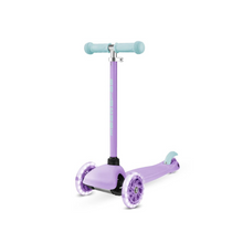 Three-wheel mini scooter with purple deck, light blue handlebars, and translucent wheels