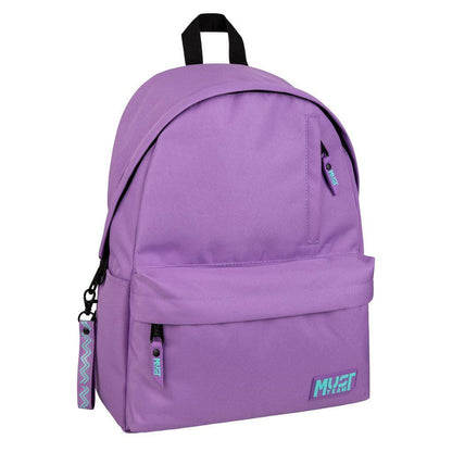 Light purple backpack with light blue accents, front pocket and zip pull