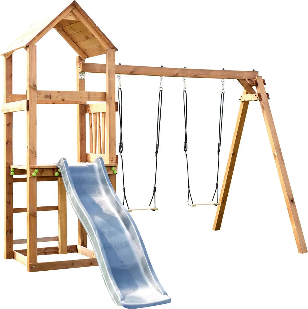 Nouméa wooden playground set with slide and four swings