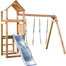 Nouméa wooden playground set with slide and four swings