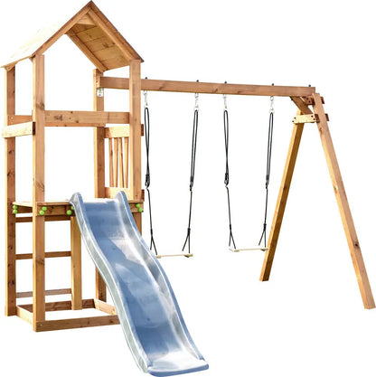Nouméa wooden playground set with slide and four swings