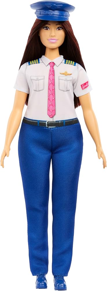Barbie pilot doll wearing white short-sleeve shirt, pink tie, blue pants and pilot cap