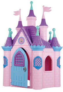 Pink and blue toy palace castle front with purple roof and green turret spires