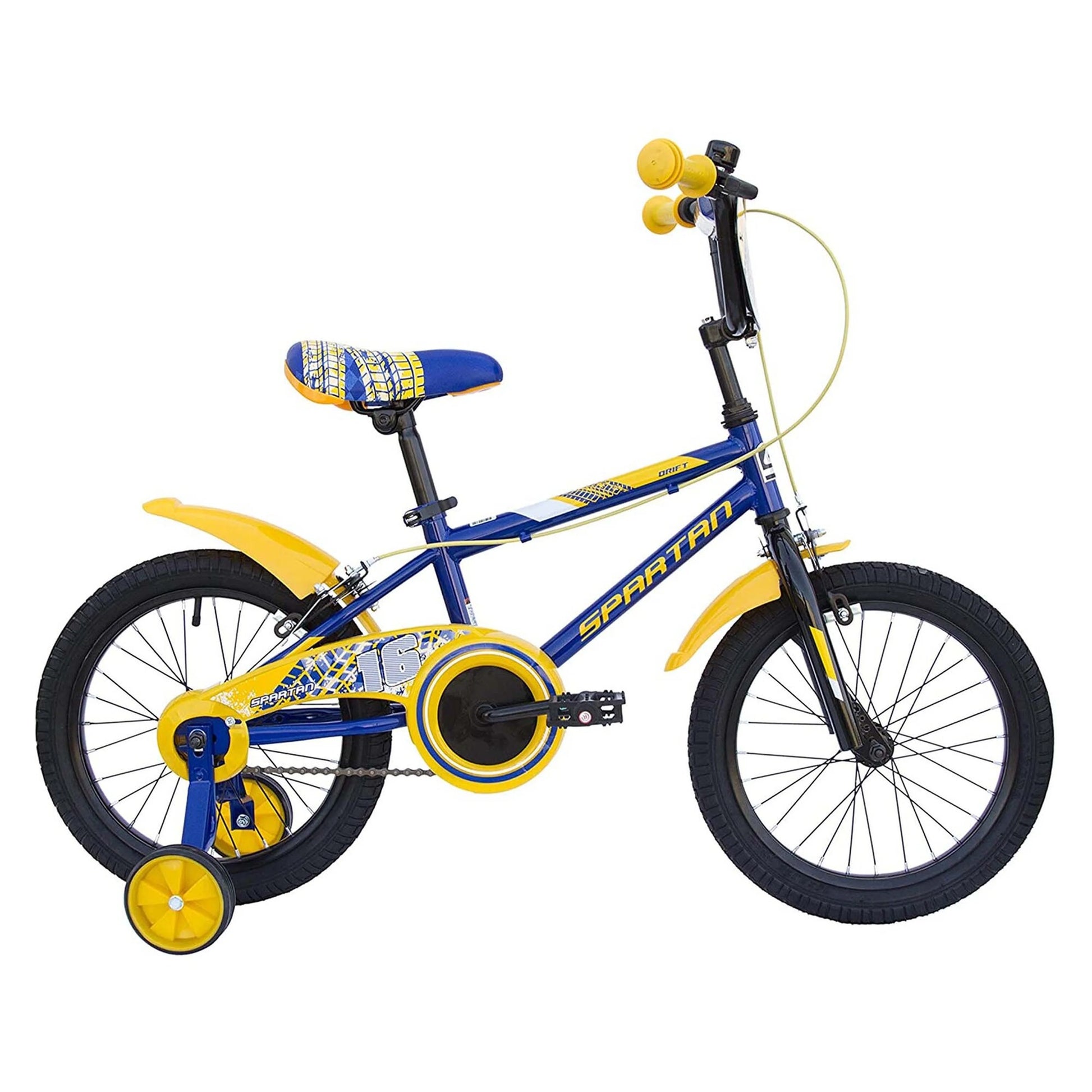 12-inch drift BMX bicycle with front and rear training wheels, blue/yellow frame