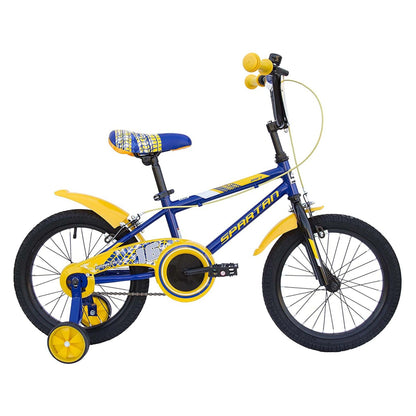 12-inch drift BMX bicycle with front and rear training wheels, blue/yellow frame