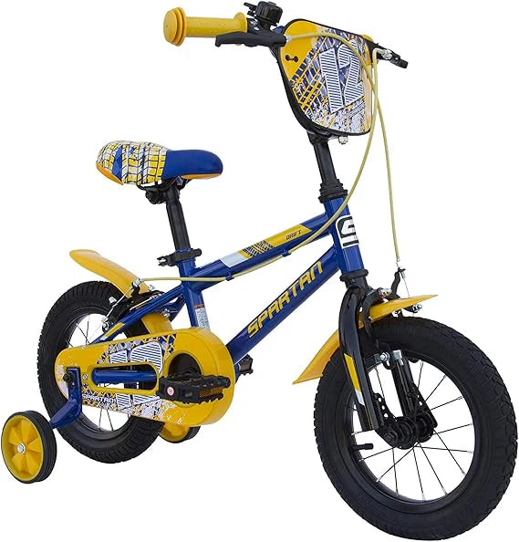 12-inch drift BMX bicycle, blue frame with yellow details and training wheels