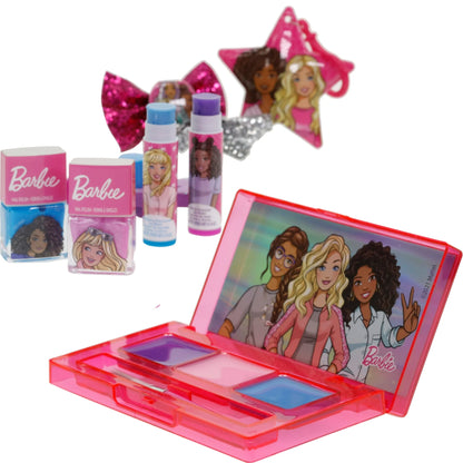 Open makeup palette with lip products, color squares, glitter bows and star-shaped charm