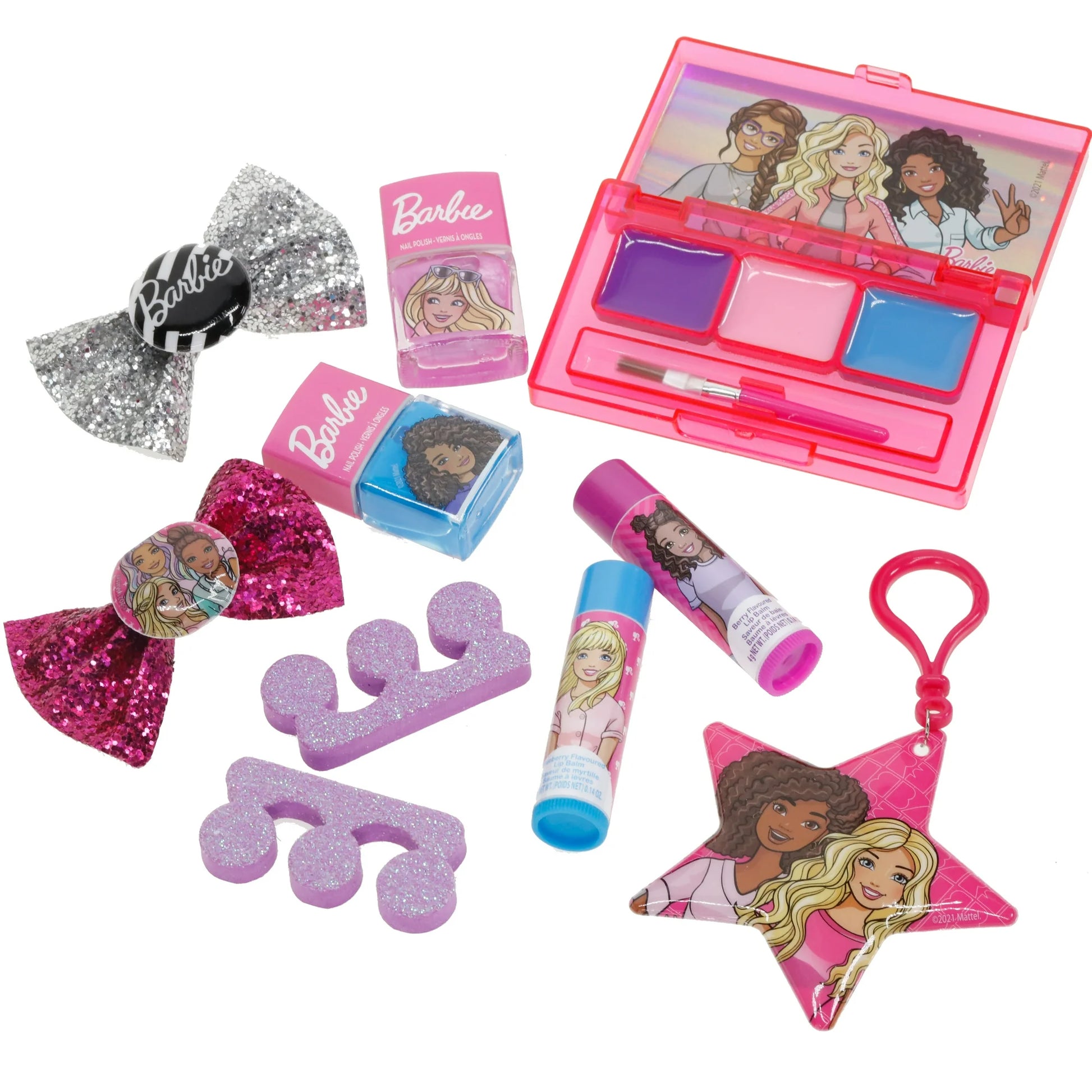 Makeup set accessories: pink palette, lip gloss tubes, glitter bows, star keychain