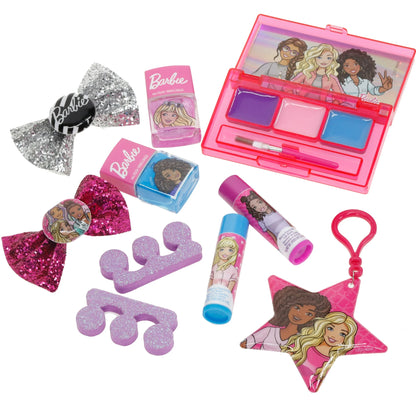 Makeup set accessories: pink palette, lip gloss tubes, glitter bows, star keychain