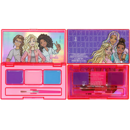 Open two-panel makeup palette with purple, pink and blue shades and applicator