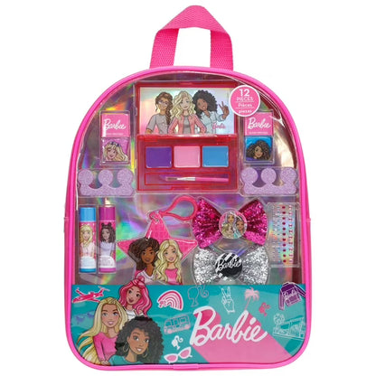 Pink mini cosmetic backpack with clear front window and makeup compartments