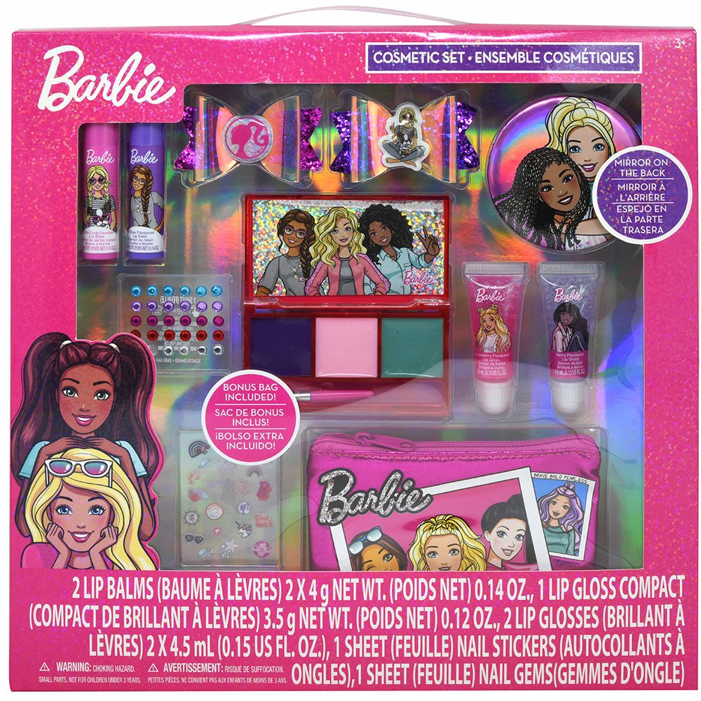 Barbie Cosmetic Set in Box: lip balms, lip gloss compact, nail stickers & gems