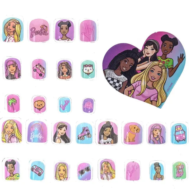 Press-on nails with Barbie-themed square designs in pink and pastel colors