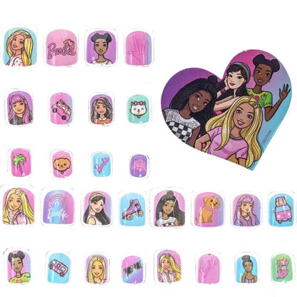 Press-on nails with Barbie-themed square designs in pink and pastel colors