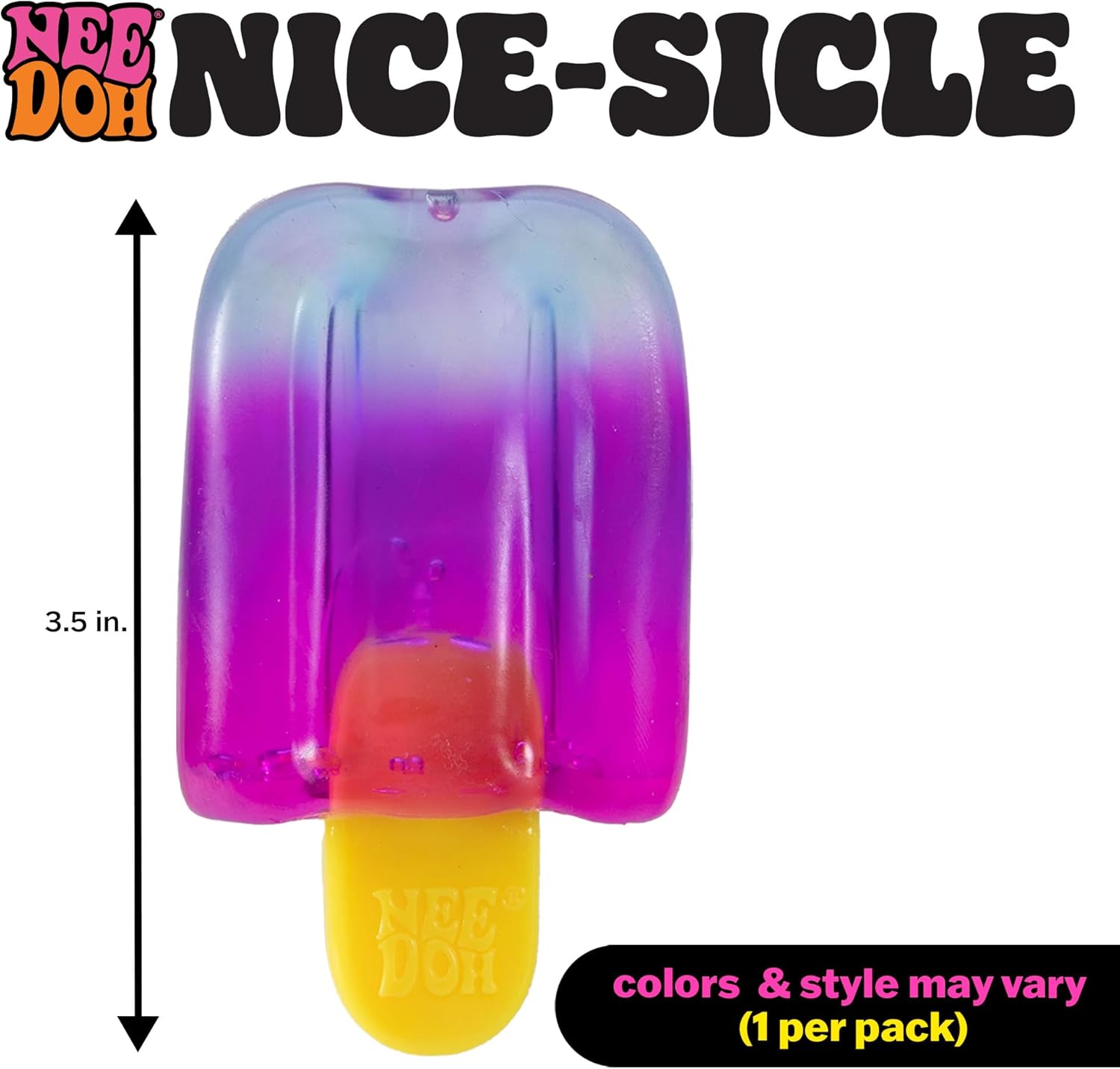 Nice-Sicle squishy popsicle, height 3.5 in; purple translucent top and yellow stick