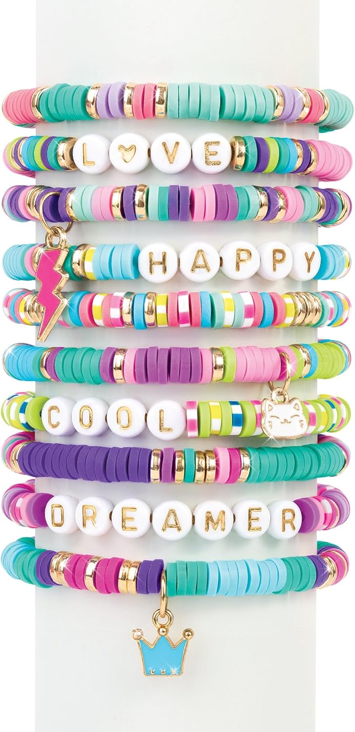 Bunte Heishi-Armbänder mit Buchstabenperlen, Herzen und Anhängern: LOVE, HAPPY, COOL, DREAM