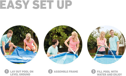 Rectangular above-ground pool setup steps showing frame assembly and filling