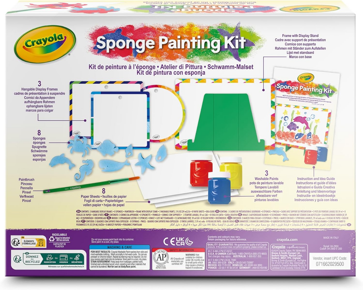 Sponge painting kit box back with product diagram and paint color examples