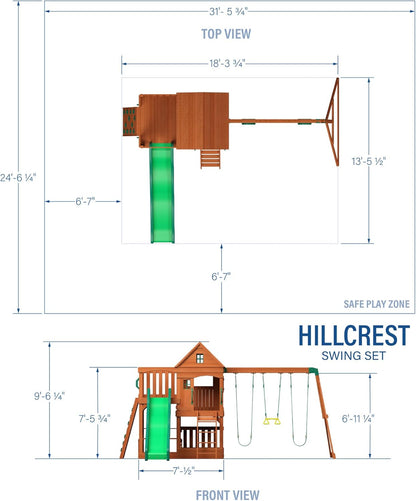 Bemaßungszeichnung des Hillcrest Swing Set mit grüner Rutsche und Schaukel