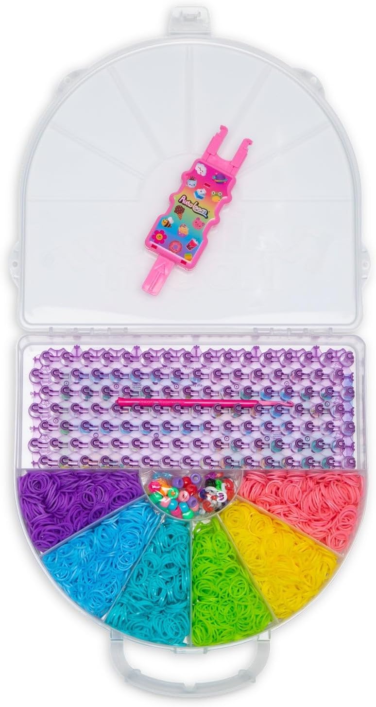 Rainbow loom case with multicolor rubber bands and a pink band-making tool