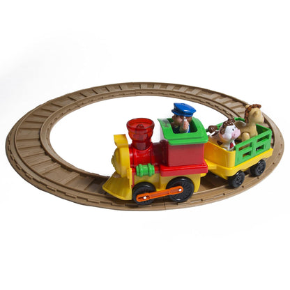 Musical toy train engine with loop track and farm animal figures attached