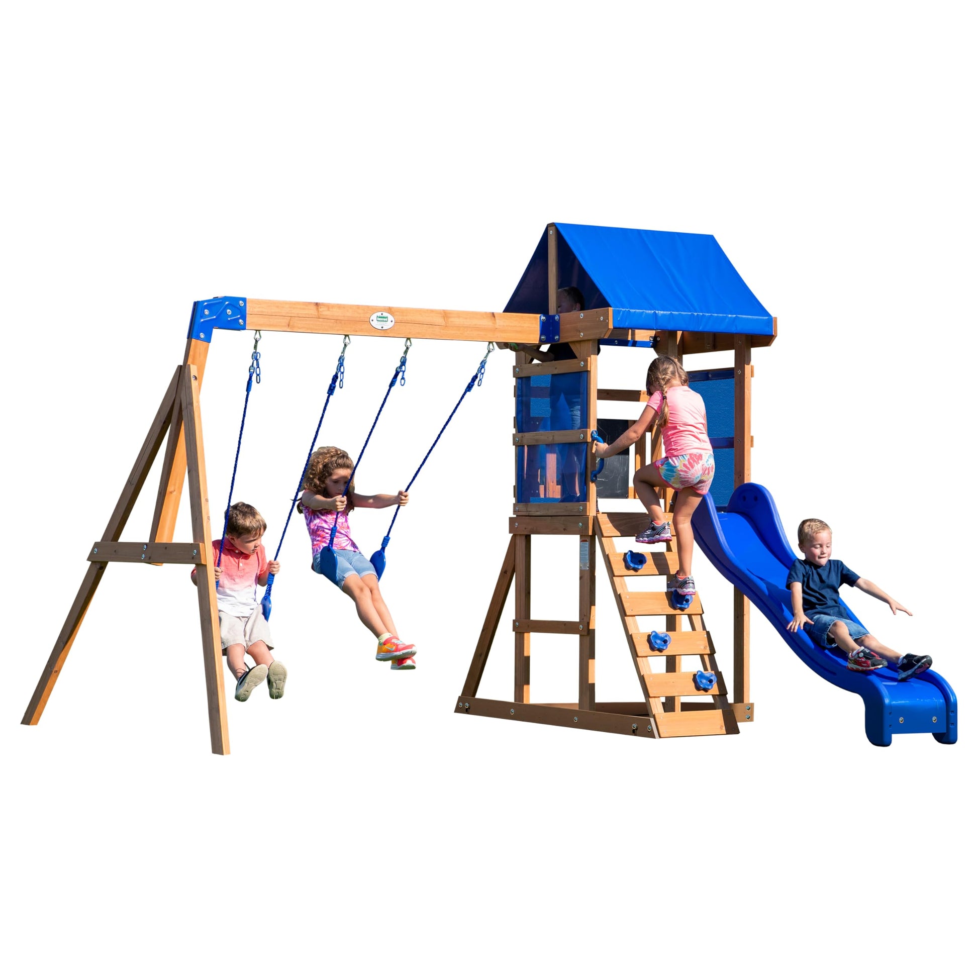 Aurora cedar wood play centre with swings, slide and fort, blue canopy