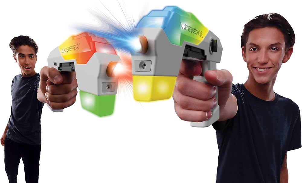 Two handheld sci-fi laser blasters with colored lights, held forward