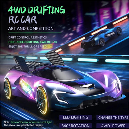 Purple-and-blue RC drift car with LED lights and butterfly doors, 4WD