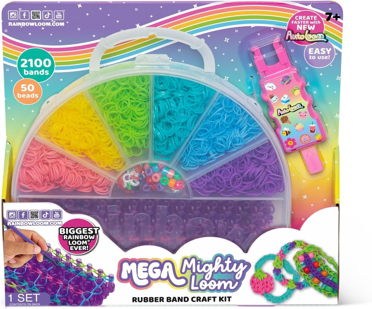 Rainbow loom mega mighty loom craft kit package with rubber bands and pink tool