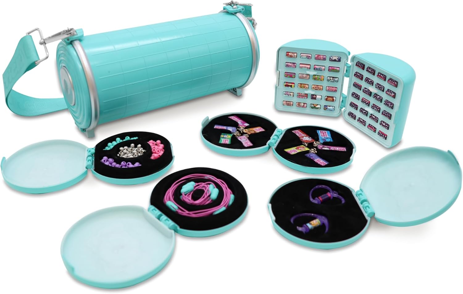 Mintfarbene Rolluxe-Case mit geöffneten Fächern und Sticker-Rollen-Zubehör