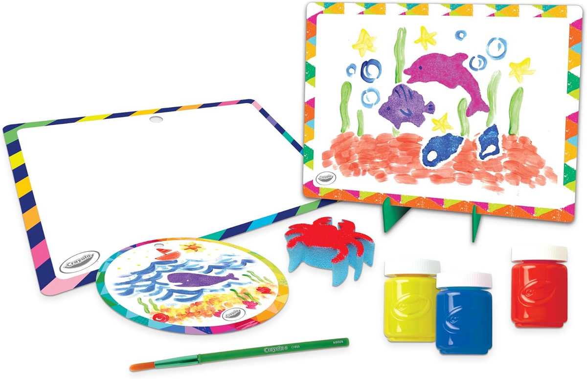Sponge painting kit with colorful paints, sponges, and a paint pad