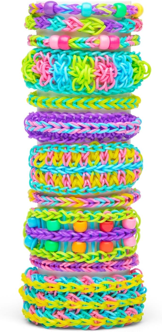 Stacked rainbow rubber bands in bright colors for loom craft