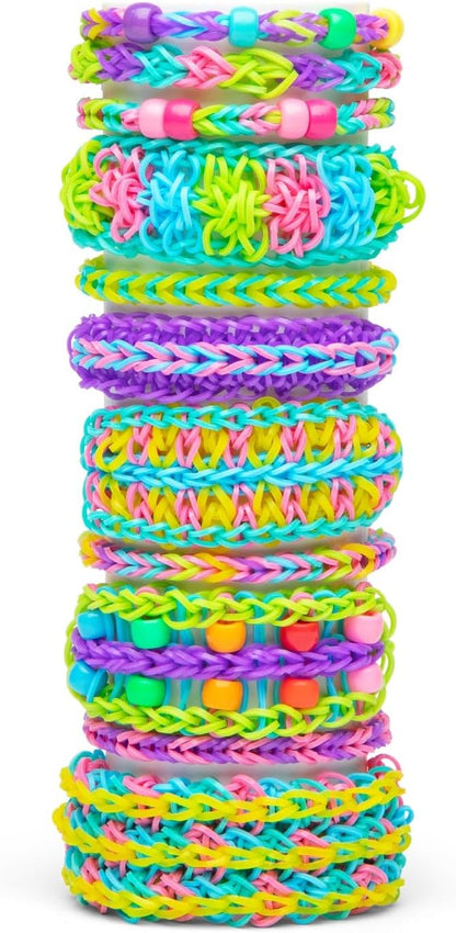 Stacked rainbow rubber bands in bright colors for loom craft