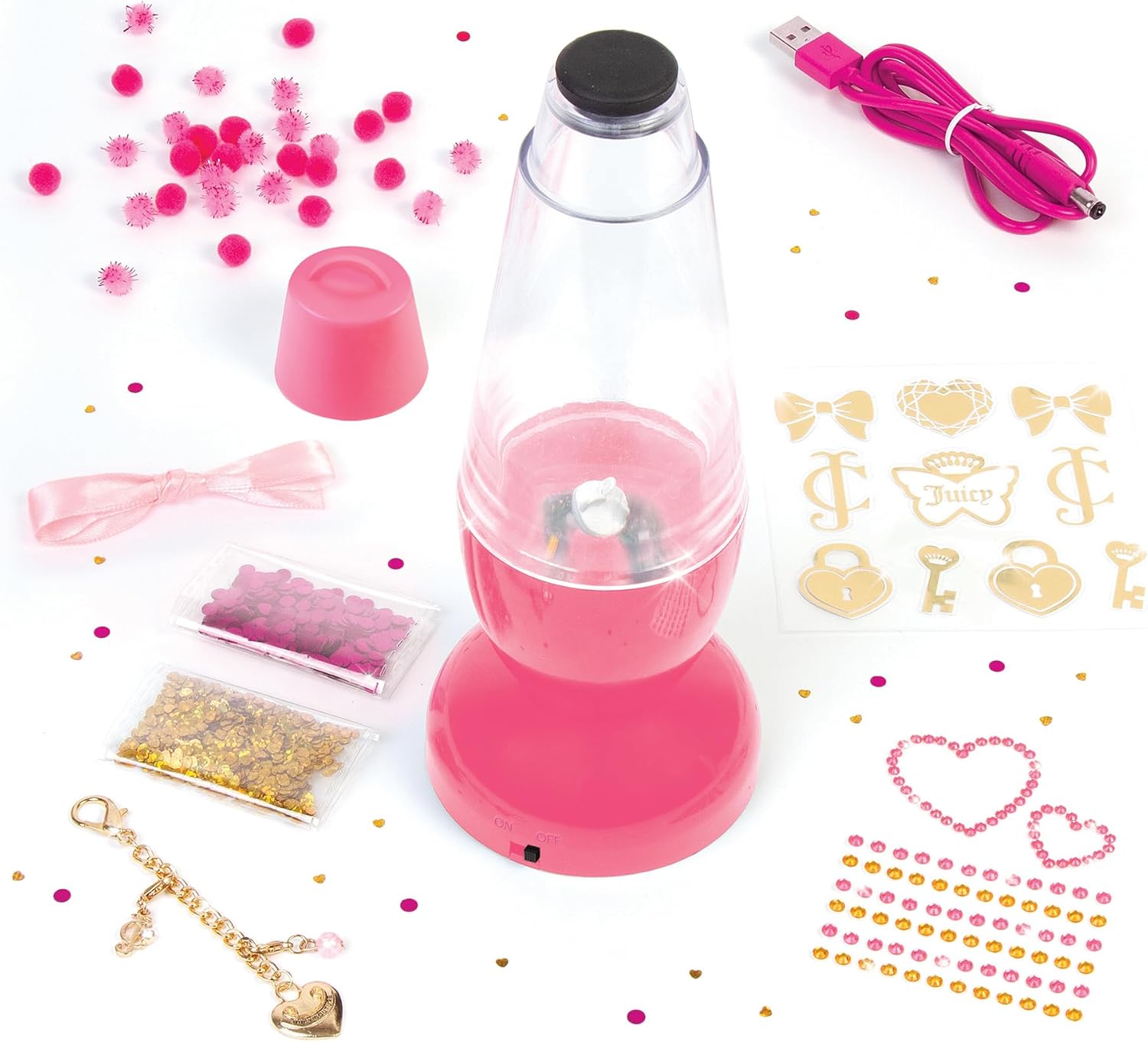Lámpara LED swirl rosa y transparente con accesorios: cuentas, lentejuelas, stickers y cable USB