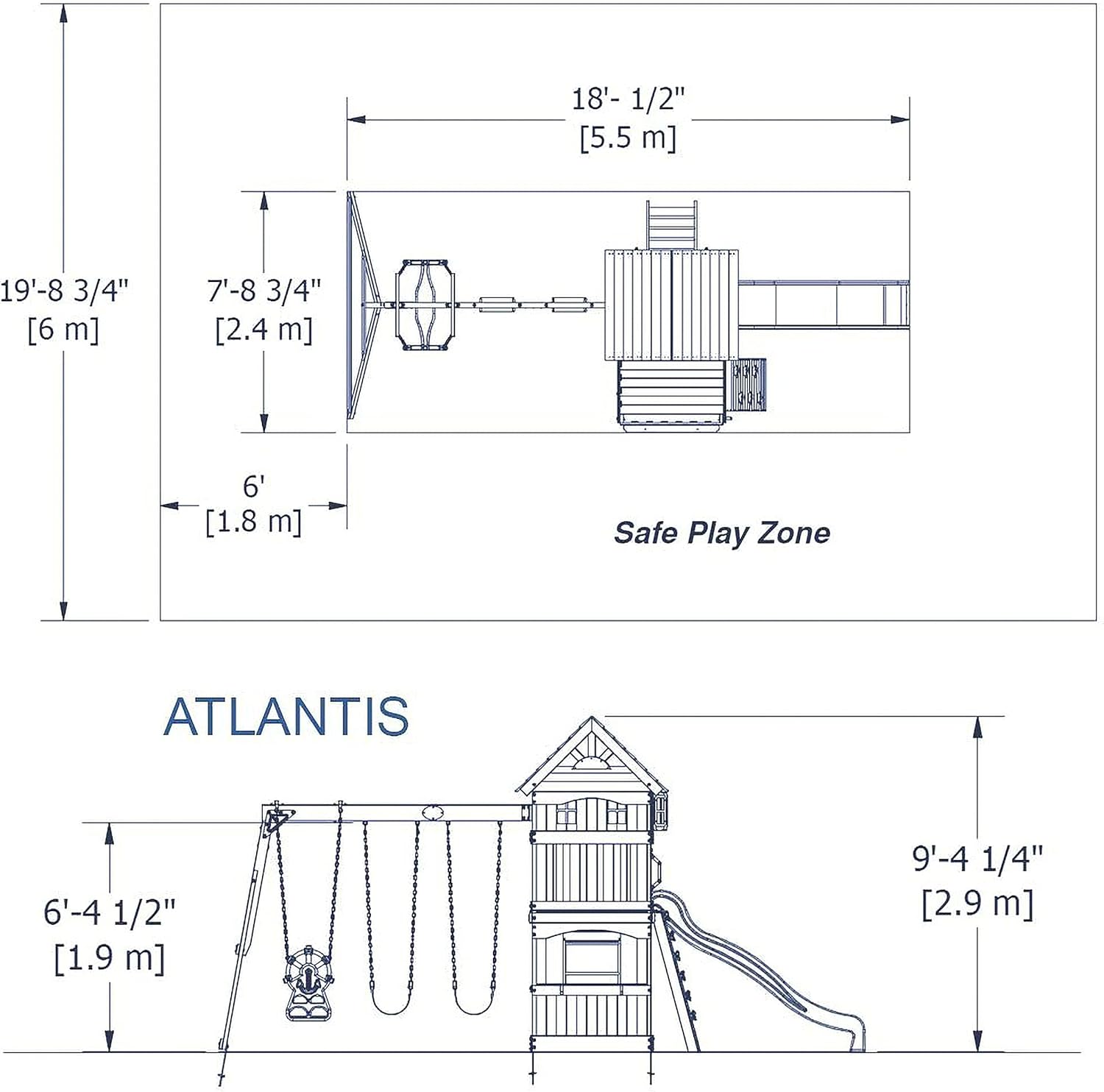 Swing set size diagram showing safe play zone and height measurements