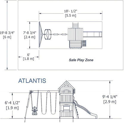 Swing set size diagram showing safe play zone and height measurements