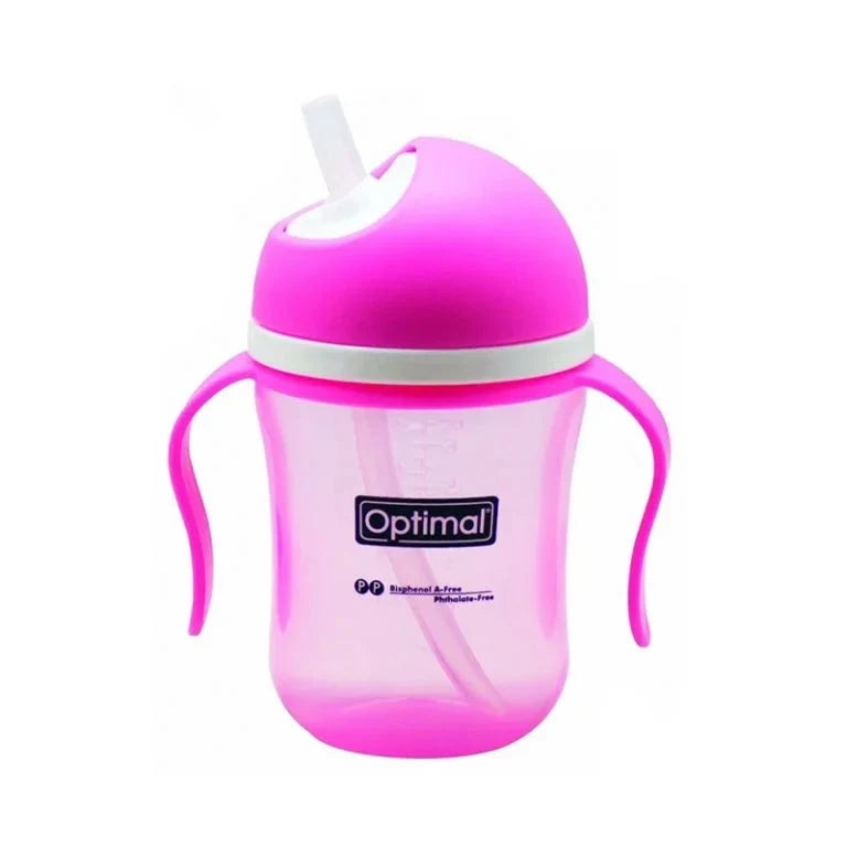 Pink non-spill training cup with flip lid and two side handles, clear body.