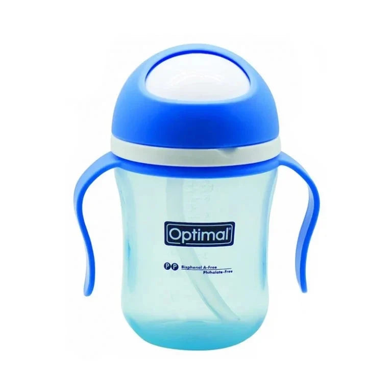Blue non-spill training cup with flip lid and two side handles, clear body.