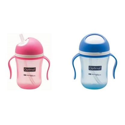 Non-spill training cup pair: pink and blue, each with flip lid and side handles.
