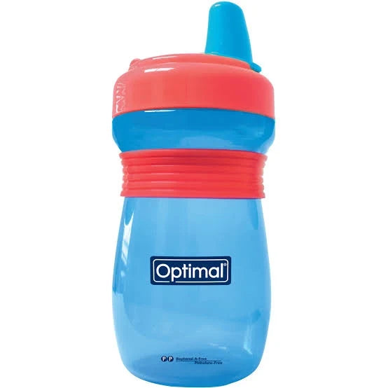 Blue non-spill feeding cup with red spout cover and flip drinking spout